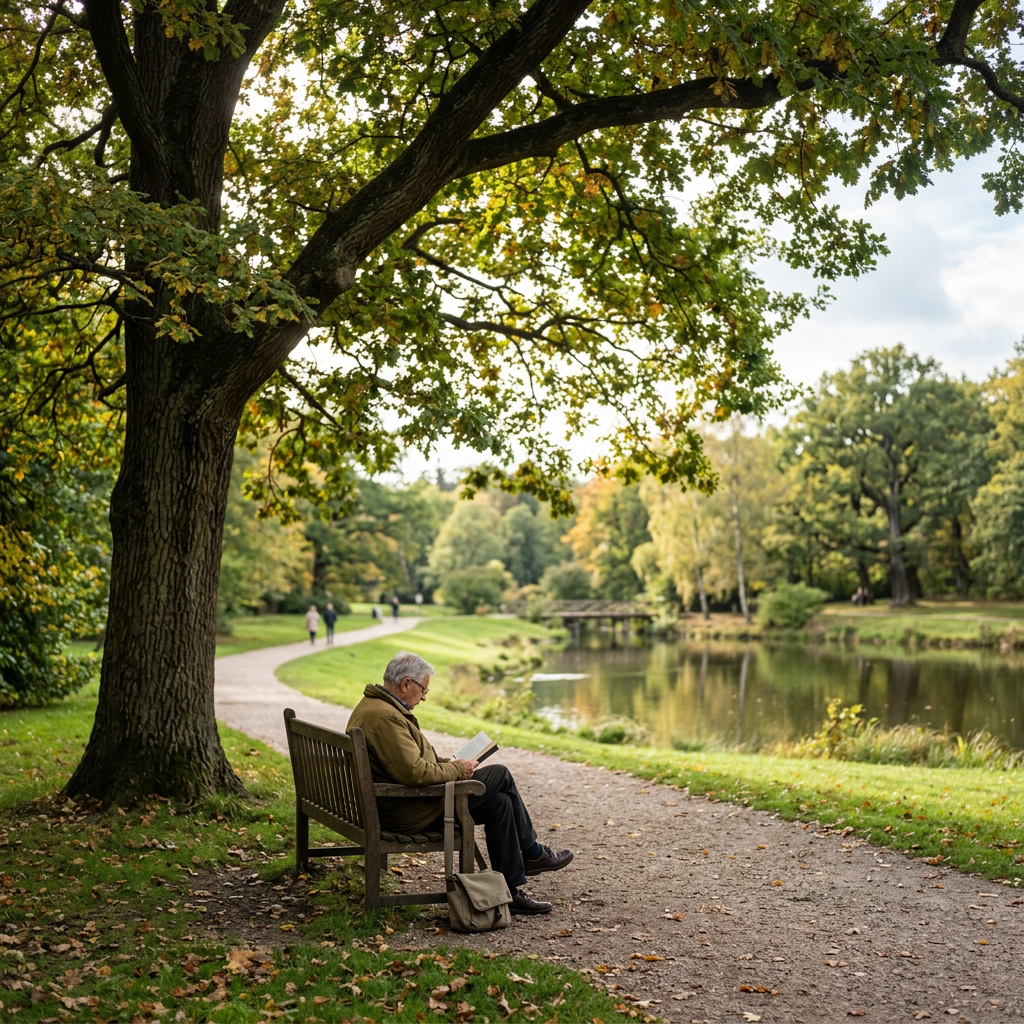 Elderly man sitting on park bench reading beside lake under large tree