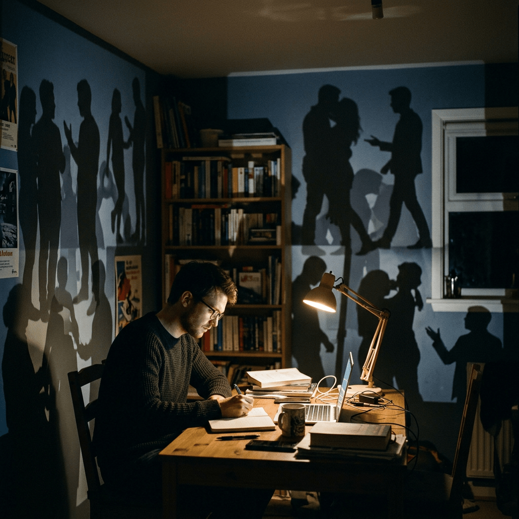 Young man reading, writing, using laptop, and drinking coffee in study room