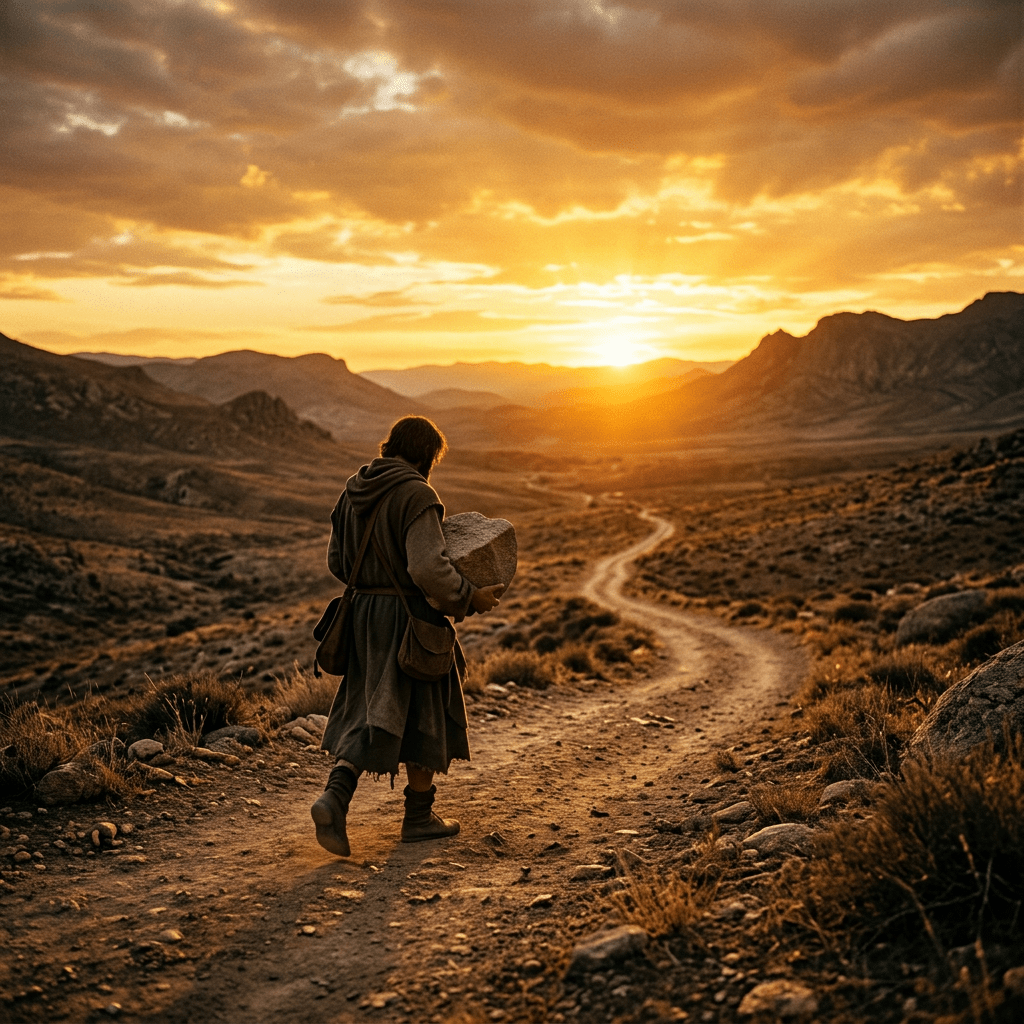 Traveler carrying rock on winding dirt path at sunset in mountainous landscape