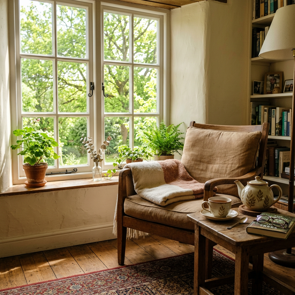 Cozy armchair beside window with potted plants, tea set, and a book
