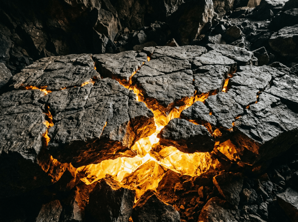 Cracked dark volcanic rocks with glowing orange molten lava visible in the fissures