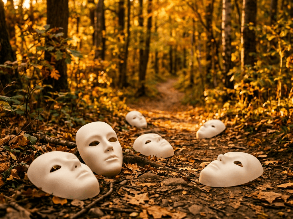 White theatrical mask with a sad expression on leaf-covered forest trail
