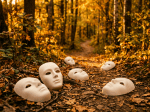 White theatrical mask with a sad expression on leaf-covered forest trail